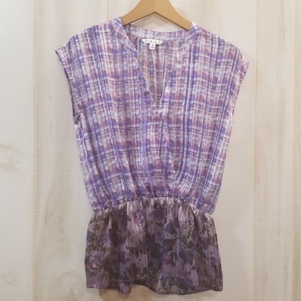 CAbi Purple Peplum Plaid Floral top sz S Blouse